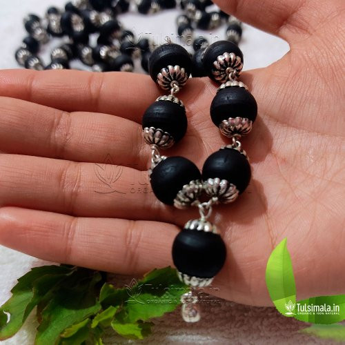 Tulsi Mala in Silver 108 Beads Japa Mala Black Color, Pure Silver Tulsi Japa Mala