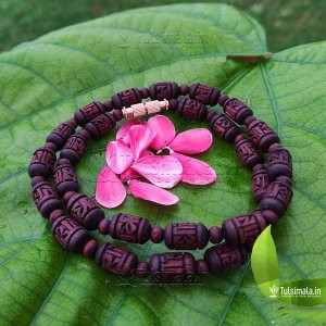 Single Round Original Tulsi Kanthi Mala Red Brown Color 6mm Radha Carving Handmade Bead Size 17 Inches Full Length