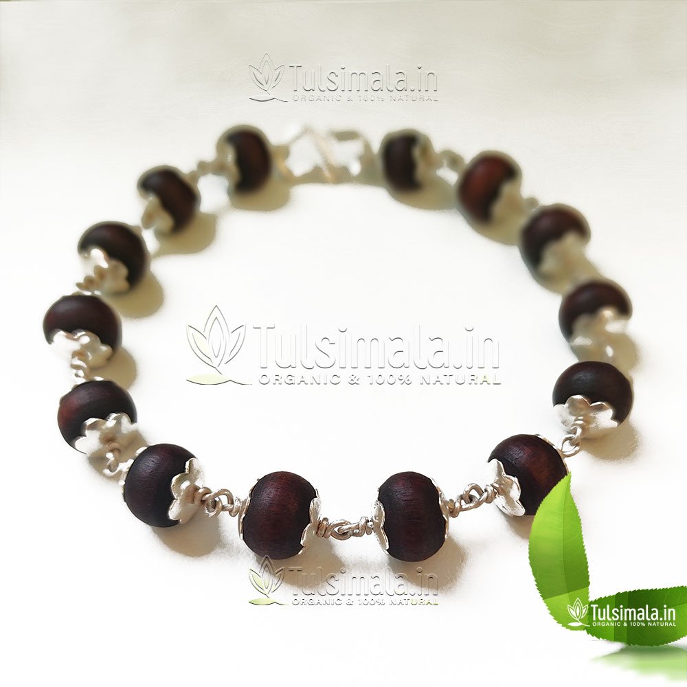 Pure Silver with Tulsi Bracelet Dark Brown 10mm Bead Size 8 Inches Brecelet  total Length - Tulsi Mala