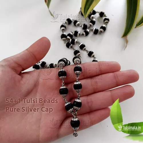 54+1 Original Tulsi Beads Mala for Multipurpose, Tulsi Beads 8mm Size with Pure Silver Capping