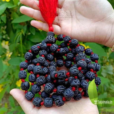 ISKCON Tulsi Japa Mala 108+1 Radha Name Engraverd Handmade Shyama Tulsi Beads 14mm Size and 172 Centimeter Full Length