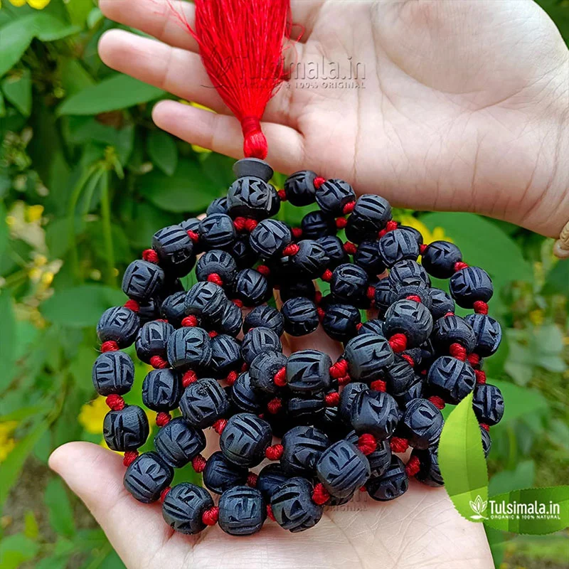 ISKCON Tulsi Japa Mala 108+1 Radha Name Engraverd Handmade Shyama Tulsi Beads 14mm Size and 172 Centimeter Full Length